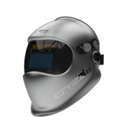 Optrel Crystal 2.0 silver welding helmet shown from the front with the auto-darkening lens visible.