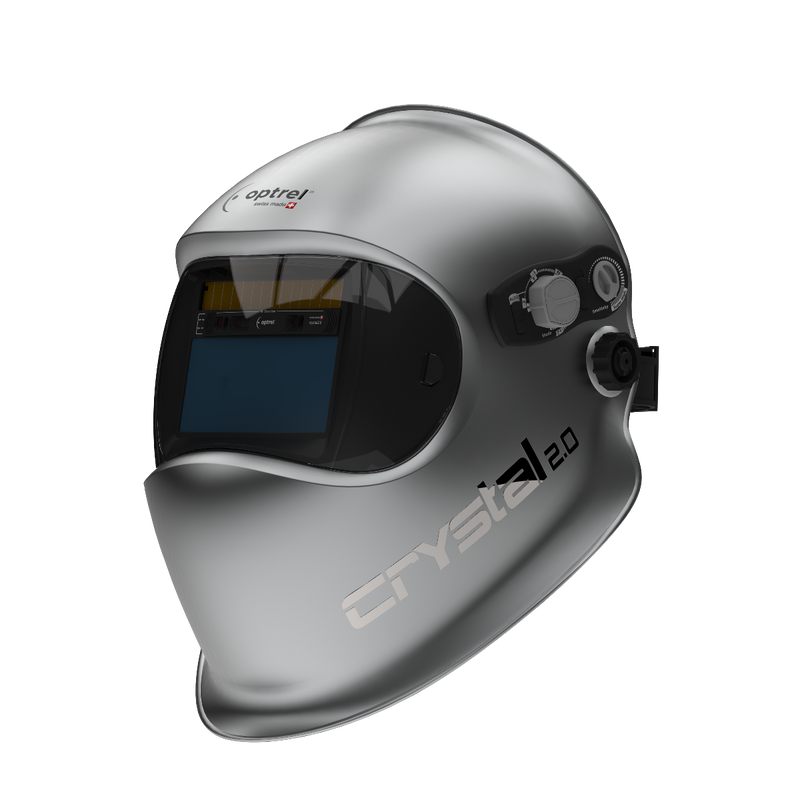 Optrel Crystal 2.0 silver welding helmet shown from the front with the auto-darkening lens visible.