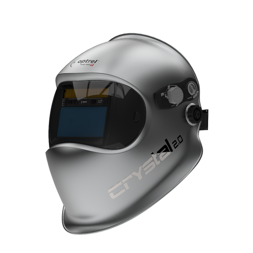 Optrel Crystal 2.0 silver welding helmet shown from the front with the auto-darkening lens visible.