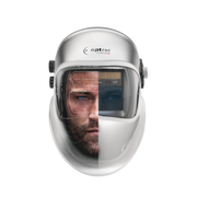 Optrel Crystal 2.0 silver welding helmet front view with a welder's split face visible through the lens to show light state clarity.
