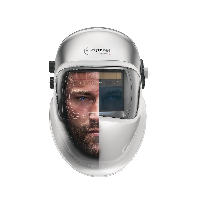 Optrel Crystal 2.0 silver welding helmet front view with a welder's split face visible through the lens to show light state clarity.