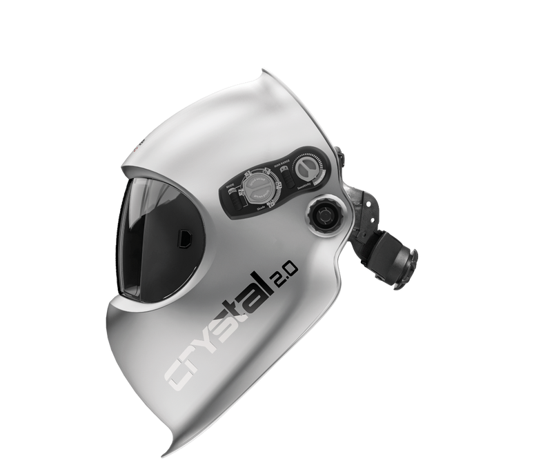 Optrel Crystal 2.0 silver welding helmet shown from a side angle showing the profile and headgear adjustment knob.