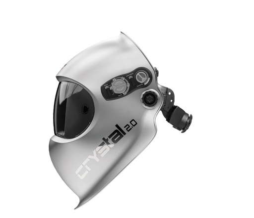 Optrel Crystal 2.0 silver welding helmet shown from a side angle showing the profile and headgear adjustment knob.
