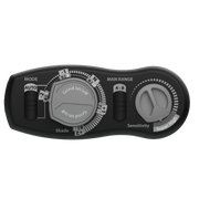 Optrel Crystal 2.0 welding helmet internal control panel showing mode, shade, grind on and off, range and sensitivity controls.