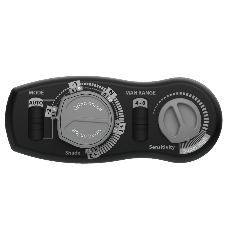 Optrel Crystal 2.0 welding helmet internal control panel showing mode, shade, grind on and off, range and sensitivity controls.