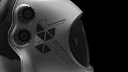 Close-up of the Optrel Crystal 2.0 welding helmet side showing the Crystal Lens Technology badge, adjustment knobs and 31% light transmission detail.