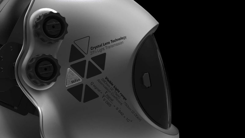 Close-up of the Optrel Crystal 2.0 welding helmet side showing the Crystal Lens Technology badge, adjustment knobs and 31% light transmission detail.