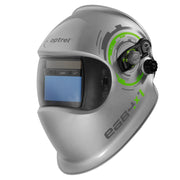 Optrel e684 silver welding helmet shown from a front angle with the auto-darkening lens and external control dials visible.