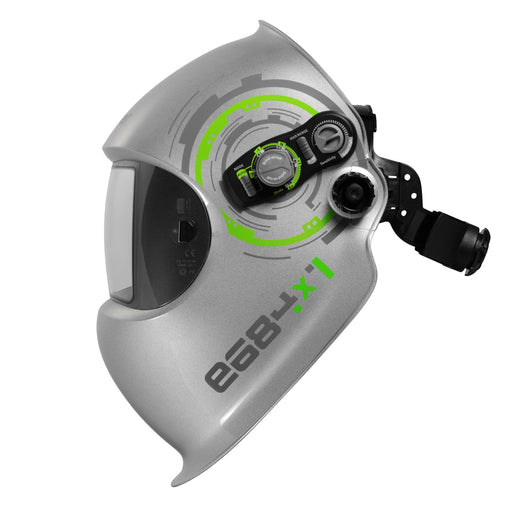 Optrel e684 silver welding helmet shown from the side with the external control panel and black headgear knob visible.