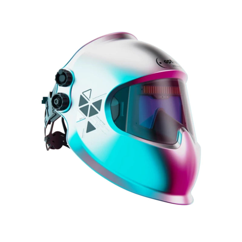 Optrel Panoramaxx CLT silver welding helmet shown from a front angle with the Crystal Lens Technology graphic on the shell.