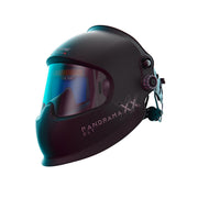 Optrel Panoramaxx CLT silver welding helmet shown from a front angle in a darkened studio render with colored accent lighting on the lens.