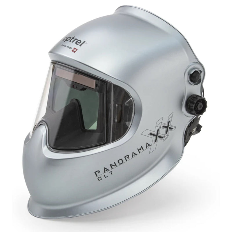 Optrel Panoramaxx CLT silver welding helmet shown from a front angle with the auto-darkening lens and side adjustment knobs visible.