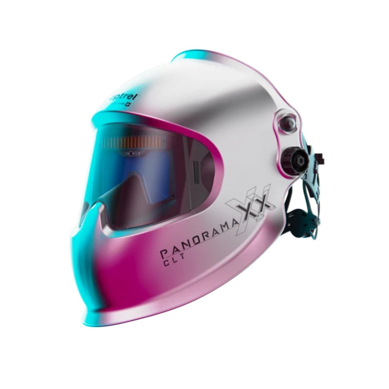 Optrel Panoramaxx CLT silver welding helmet shown from a front left angle with the lens and Panoramaxx CLT branding.