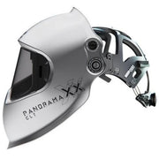 Optrel Panoramaxx CLT silver welding helmet shown in side profile with the headgear and adjustment dials.