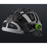 Optrel Panoramaxx CLT IsoFit headgear shown from the side with the green adjustment ratchet knob.