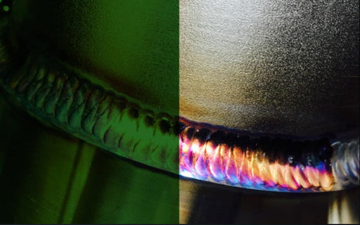 Split view of a weld bead seen through the Optrel Panoramaxx CLT lens, comparing a green tinted view with the true color view.