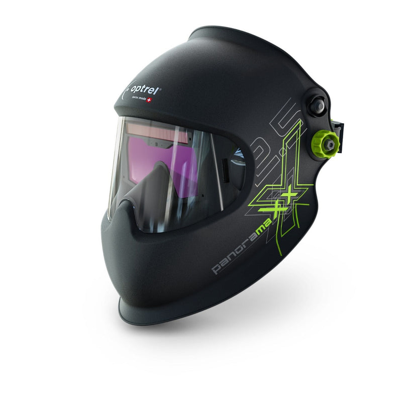 Optrel Panoramaxx welding helmet shown from a front angle with the auto-darkening lens and green adjustment knob visible.