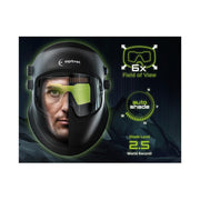 Optrel Panoramaxx welding helmet feature graphic showing a welder's face through the lens with 6x field of view and 2.5 shade level callouts.