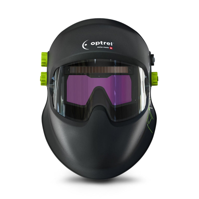 Optrel Panoramaxx welding helmet shown from the front with the wide auto-darkening lens and green side knobs.