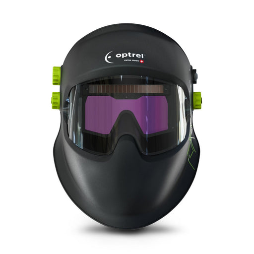 Optrel Panoramaxx welding helmet shown from the front with the wide auto-darkening lens and green side knobs.