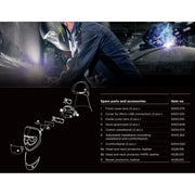 Optrel Panoramaxx welding helmet in use by a welder above an exploded diagram of spare parts and accessories.