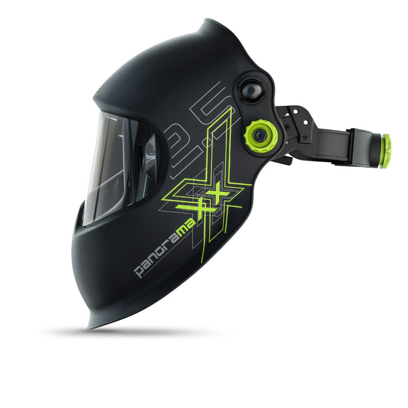 Optrel Panoramaxx welding helmet shown in side profile with the full headgear and adjustment mechanism.