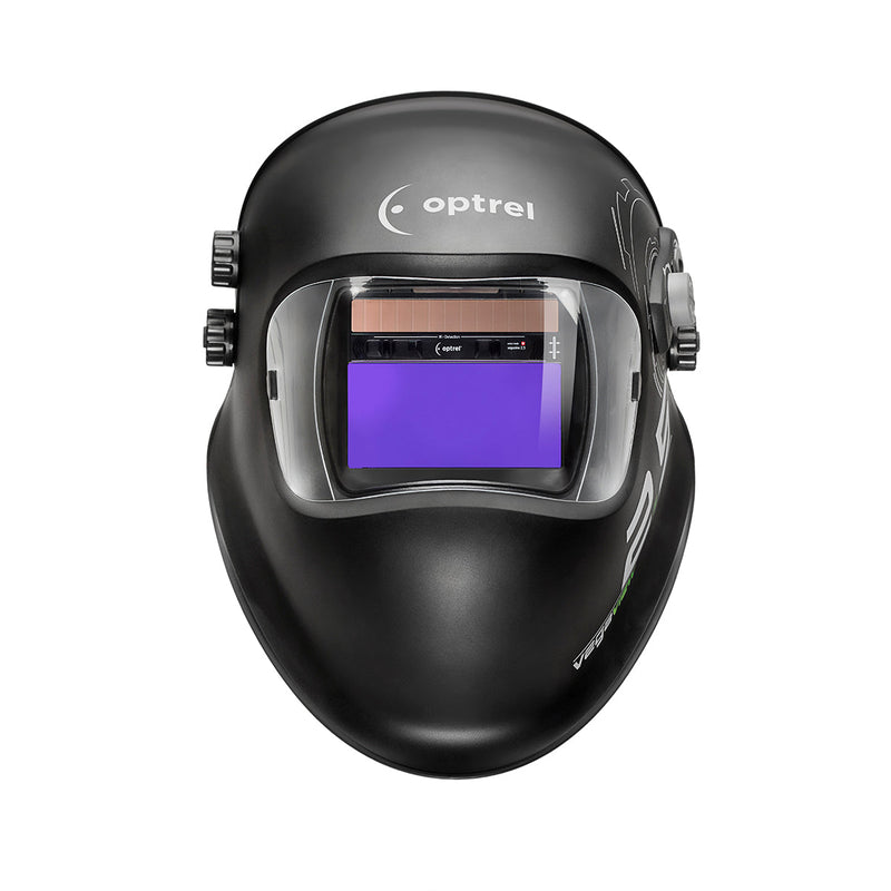 Optrel VegaView 2.5 welding helmet shown from the front with the auto-darkening lens, solar cell and side adjustment knobs visible.