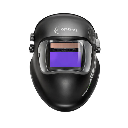 Optrel VegaView 2.5 welding helmet shown from the front with the auto-darkening lens, solar cell and side adjustment knobs visible.