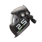 Optrel VegaView 2.5 welding helmet shown from the side with the VegaView 2.5 graphic and external control knobs and headgear ratchet visible.
