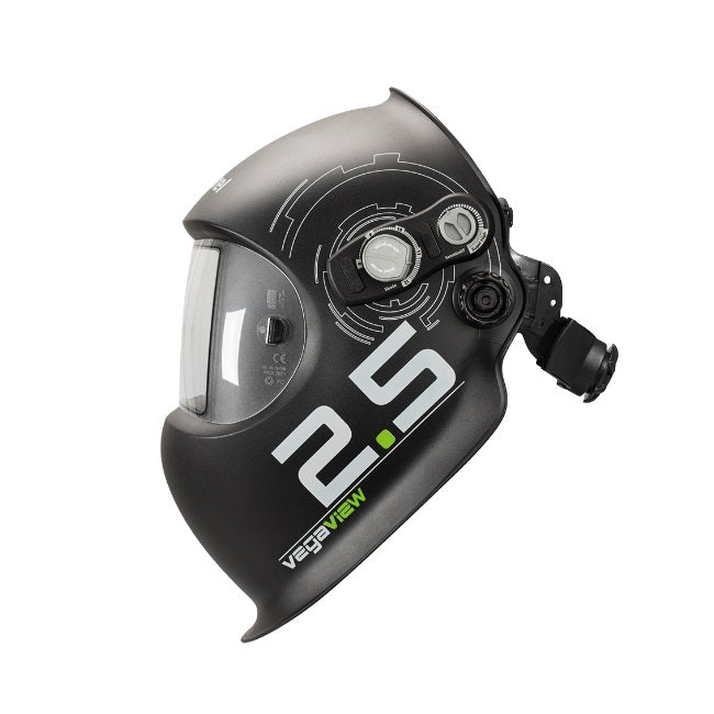 Optrel VegaView 2.5 welding helmet shown from the side with the VegaView 2.5 graphic and external control knobs and headgear ratchet visible.