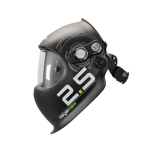 Optrel VegaView 2.5 welding helmet shown from the side with the VegaView 2.5 graphic and external control knobs and headgear ratchet visible.