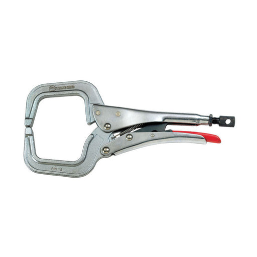 Strong Hand Tools PR115 11 in. round tip locking C-clamp shown from the side with its red release lever and black adjustment screw.
