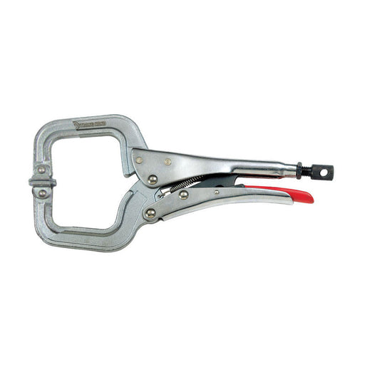 Strong Hand Tools PR115S 11 in. swivel pad locking C-clamp shown from the side with its C-shaped jaws, adjustment screw and red vinyl coated release handle.
