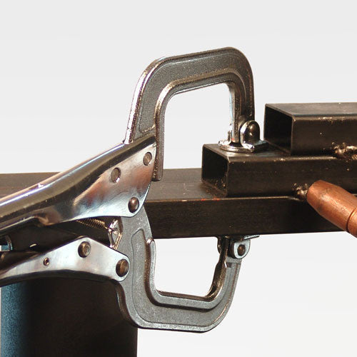 Strong Hand Tools PR6S locking C clamp gripping steel box tubing during a metalworking application.