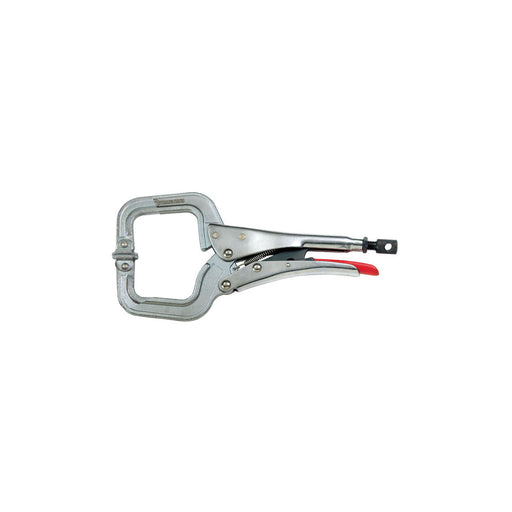 Strong Hand Tools PR6S 6 in. swivel pad locking C clamp shown from the side with its red vinyl release lever and adjustment screw.