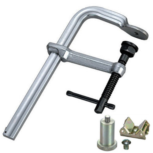Strong Hand Tools UM125-C3 utility clamp shown with the 4-in-1 accessory pack including the extender block, V-pad and screw.